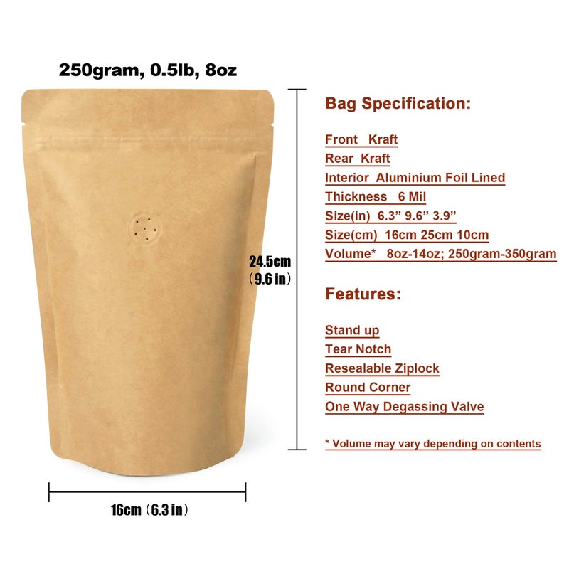 EverPack 250g 8oz 1/2lb Kraft Paper Stand up Zipper Pouches Coffee Bags Coffee Pouches with Valve (Pack of 50) - Image 2